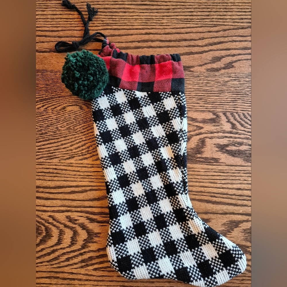 Black and White Knit Stocking with Pom Pom